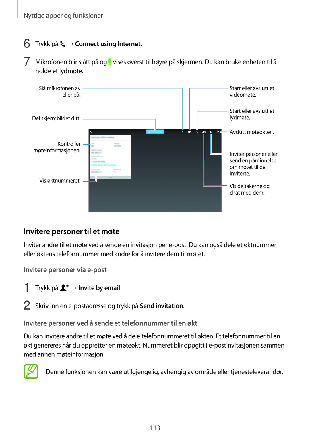 Samsung SM-T805NZWANEE, SM-T805NTSANEE Invitere personer til et møte, Trykk på →Connect using Internet, →Invite by email 