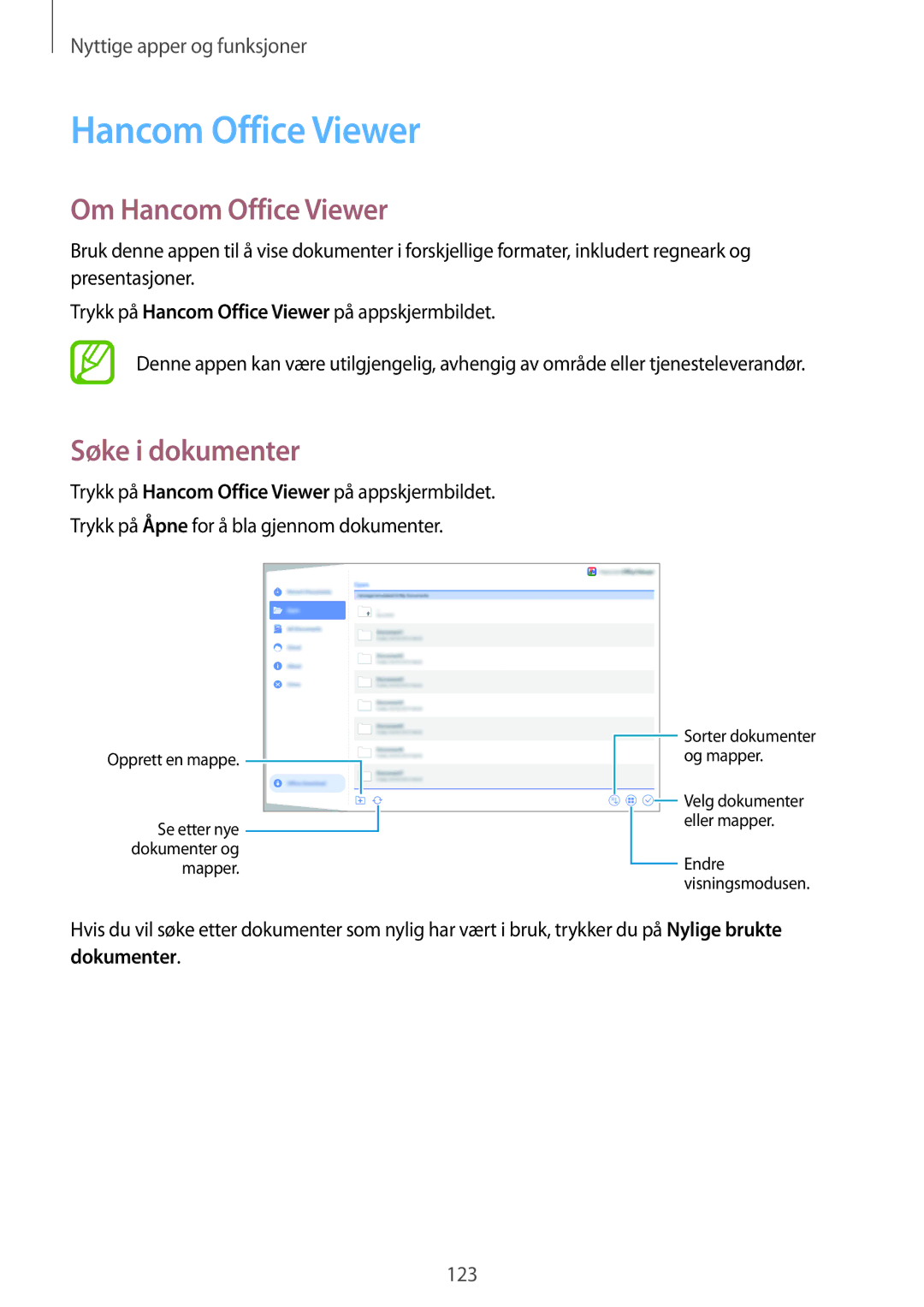 Samsung SM-T805NZWANEE, SM-T805NTSANEE, SM-T805NTSENEE, SM-T805NLSANEE manual Om Hancom Office Viewer, Søke i dokumenter 