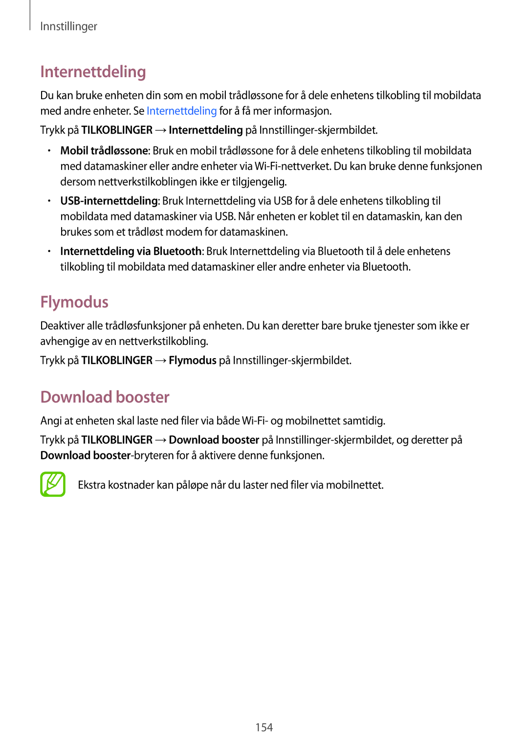 Samsung SM-T805NHAANEE, SM-T805NTSANEE, SM-T805NTSENEE, SM-T805NLSANEE manual Internettdeling, Flymodus, Download booster 