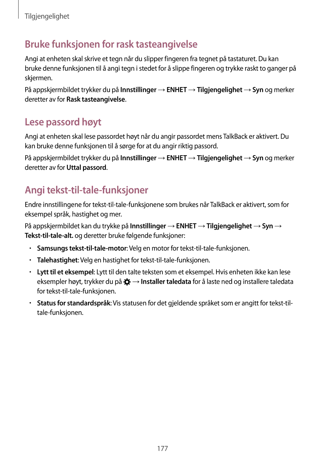 Samsung SM-T805NLSANEE manual Bruke funksjonen for rask tasteangivelse, Lese passord høyt, Angi tekst-til-tale-funksjoner 