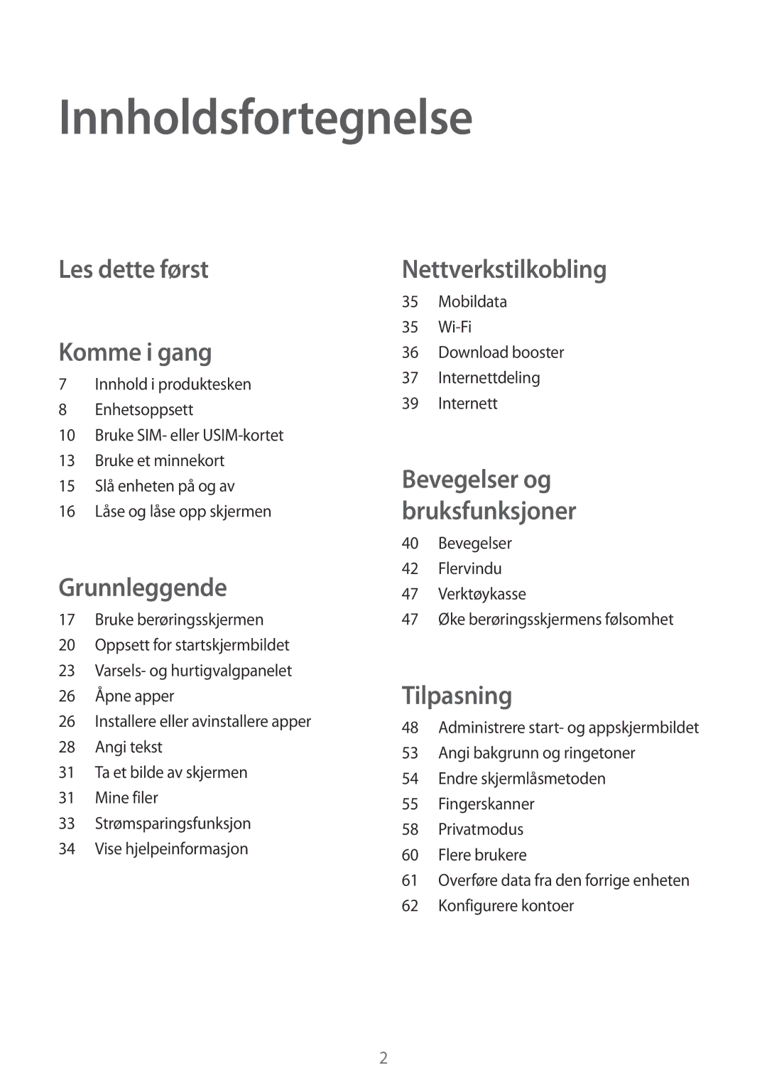 Samsung SM-T805NLSANEE, SM-T805NTSANEE manual Innholdsfortegnelse, Mobildata Wi-Fi Download booster Internettdeling 