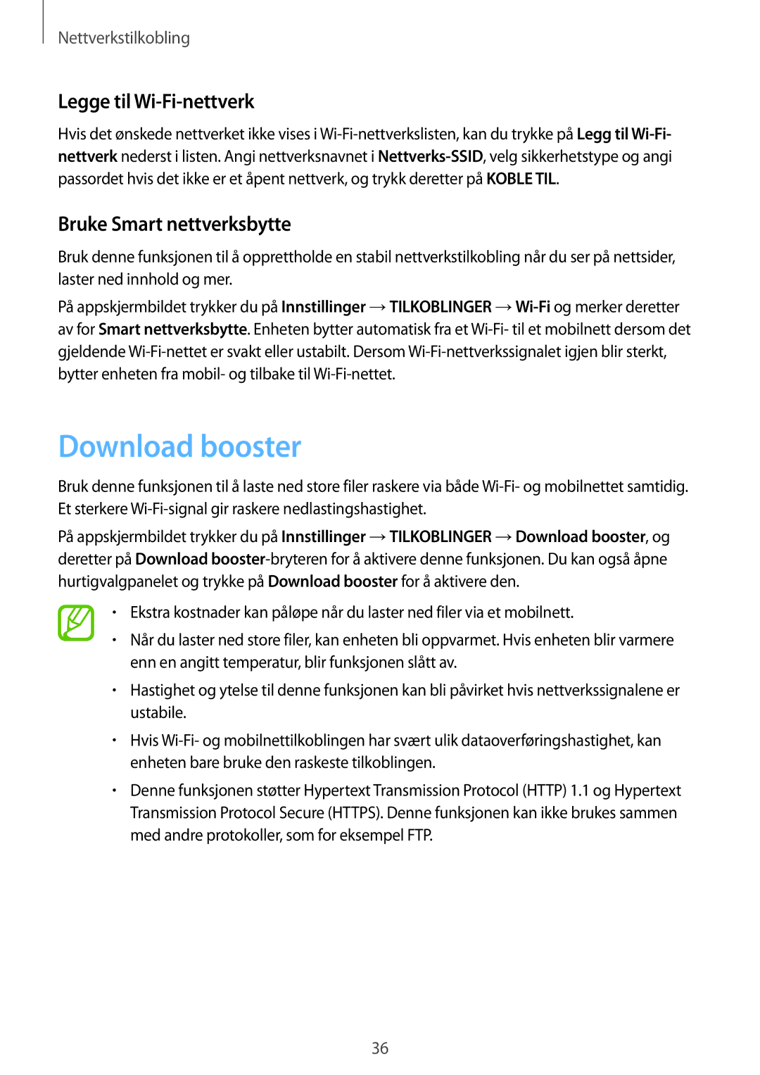 Samsung SM-T805NTSENEE, SM-T805NTSANEE manual Download booster, Legge til Wi-Fi-nettverk, Bruke Smart nettverksbytte 