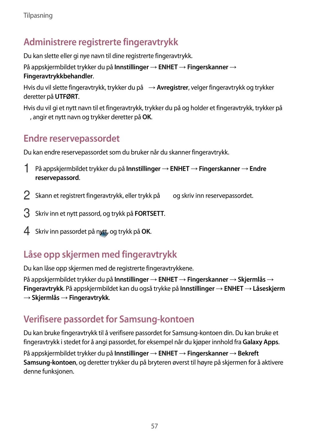 Samsung SM-T805NLSANEE Administrere registrerte fingeravtrykk, Endre reservepassordet, Låse opp skjermen med fingeravtrykk 