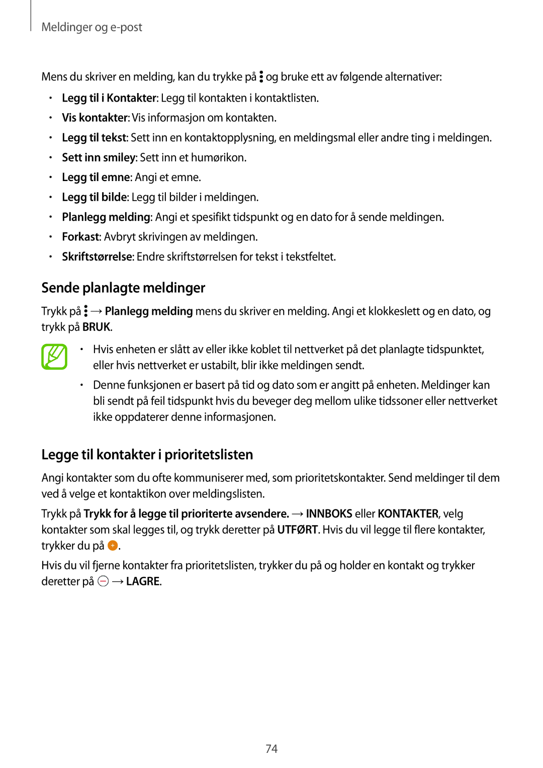 Samsung SM-T805NHAANEE, SM-T805NTSANEE, SM-T805NTSENEE Sende planlagte meldinger, Legge til kontakter i prioritetslisten 