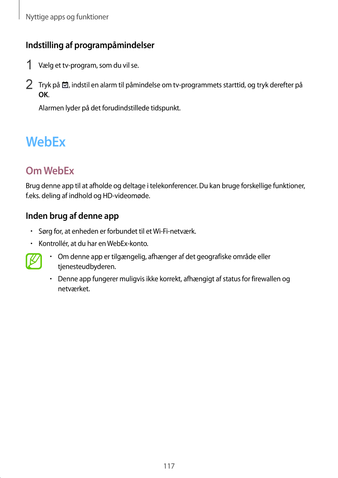 Samsung SM-T805NLSANEE, SM-T805NTSANEE manual Om WebEx, Indstilling af programpåmindelser, Inden brug af denne app 