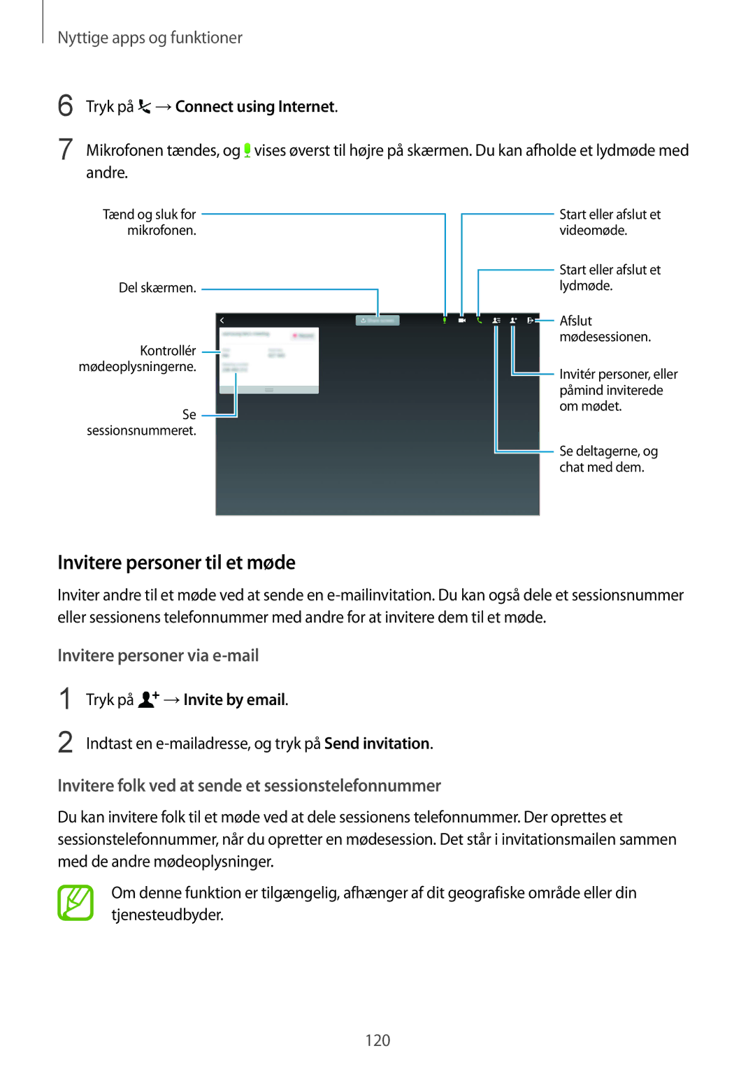 Samsung SM-T805NTSANEE, SM-T805NTSENEE Invitere personer til et møde, Tryk på →Connect using Internet, →Invite by email 