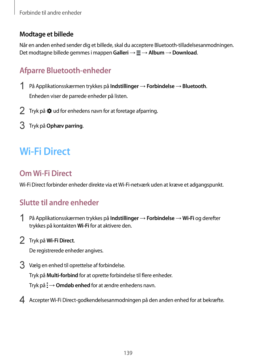 Samsung SM-T805NHAANEE manual Afparre Bluetooth-enheder, Om Wi-Fi Direct, Slutte til andre enheder, Modtage et billede 