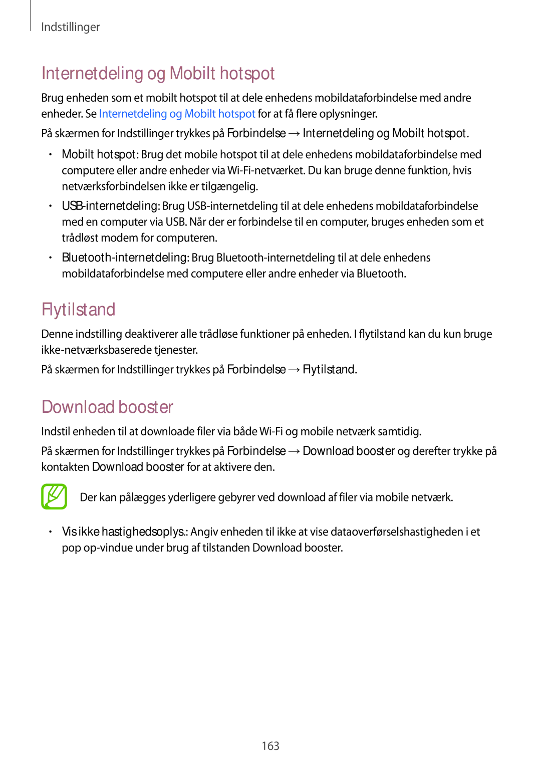 Samsung SM-T805NZWANEE, SM-T805NTSANEE, SM-T805NTSENEE manual Internetdeling og Mobilt hotspot, Flytilstand, Download booster 