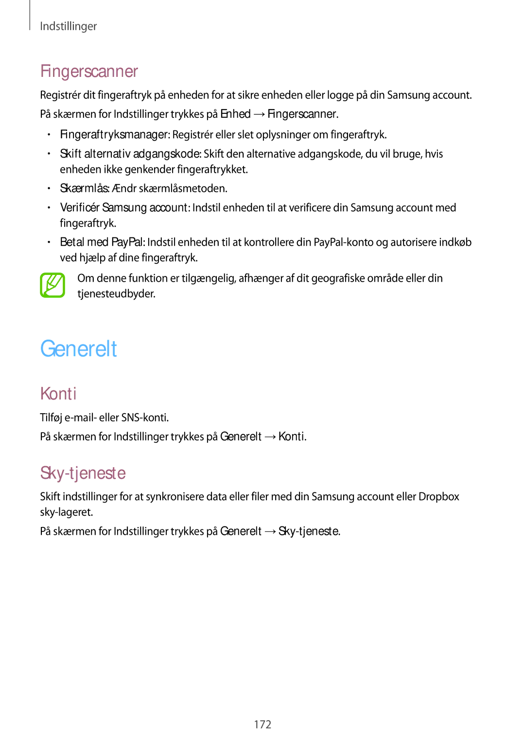Samsung SM-T805NLSANEE, SM-T805NTSANEE, SM-T805NTSENEE, SM-T805NZWANEE manual Generelt, Fingerscanner, Konti, Sky-tjeneste 