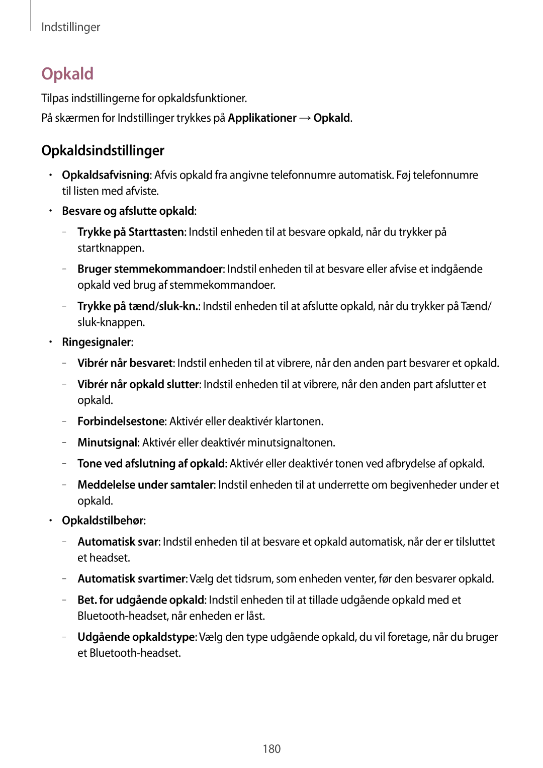 Samsung SM-T805NTSANEE manual Opkaldsindstillinger, Besvare og afslutte opkald, Ringesignaler, Opkaldstilbehør 