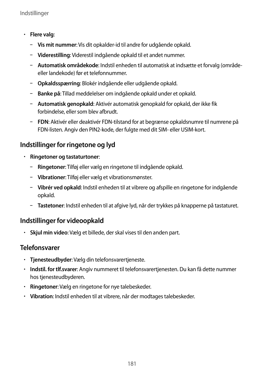 Samsung SM-T805NTSENEE manual Indstillinger for ringetone og lyd, Indstillinger for videoopkald, Telefonsvarer, Flere valg 