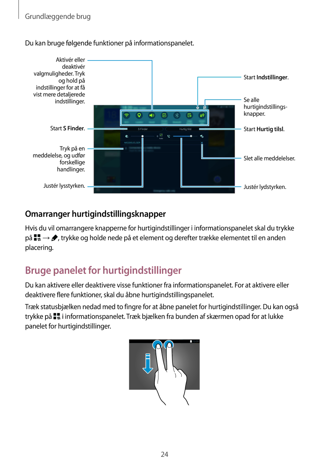 Samsung SM-T805NHAANEE, SM-T805NTSANEE manual Bruge panelet for hurtigindstillinger, Omarranger hurtigindstillingsknapper 