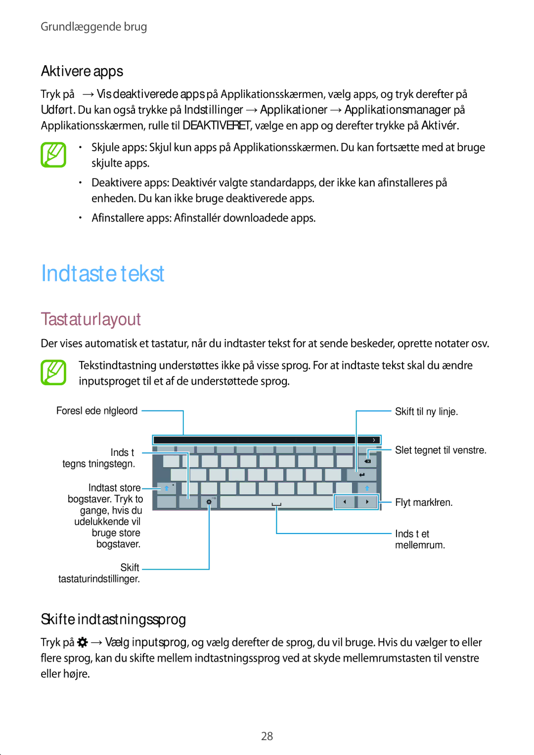 Samsung SM-T805NZWANEE, SM-T805NTSANEE manual Indtaste tekst, Tastaturlayout, Aktivere apps, Skifte indtastningssprog 