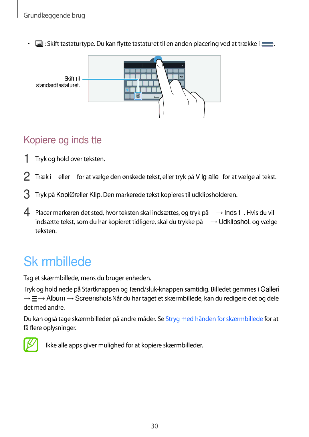 Samsung SM-T805NTSANEE, SM-T805NTSENEE, SM-T805NLSANEE manual Skærmbillede, Kopiere og indsætte, Tryk og hold over teksten 