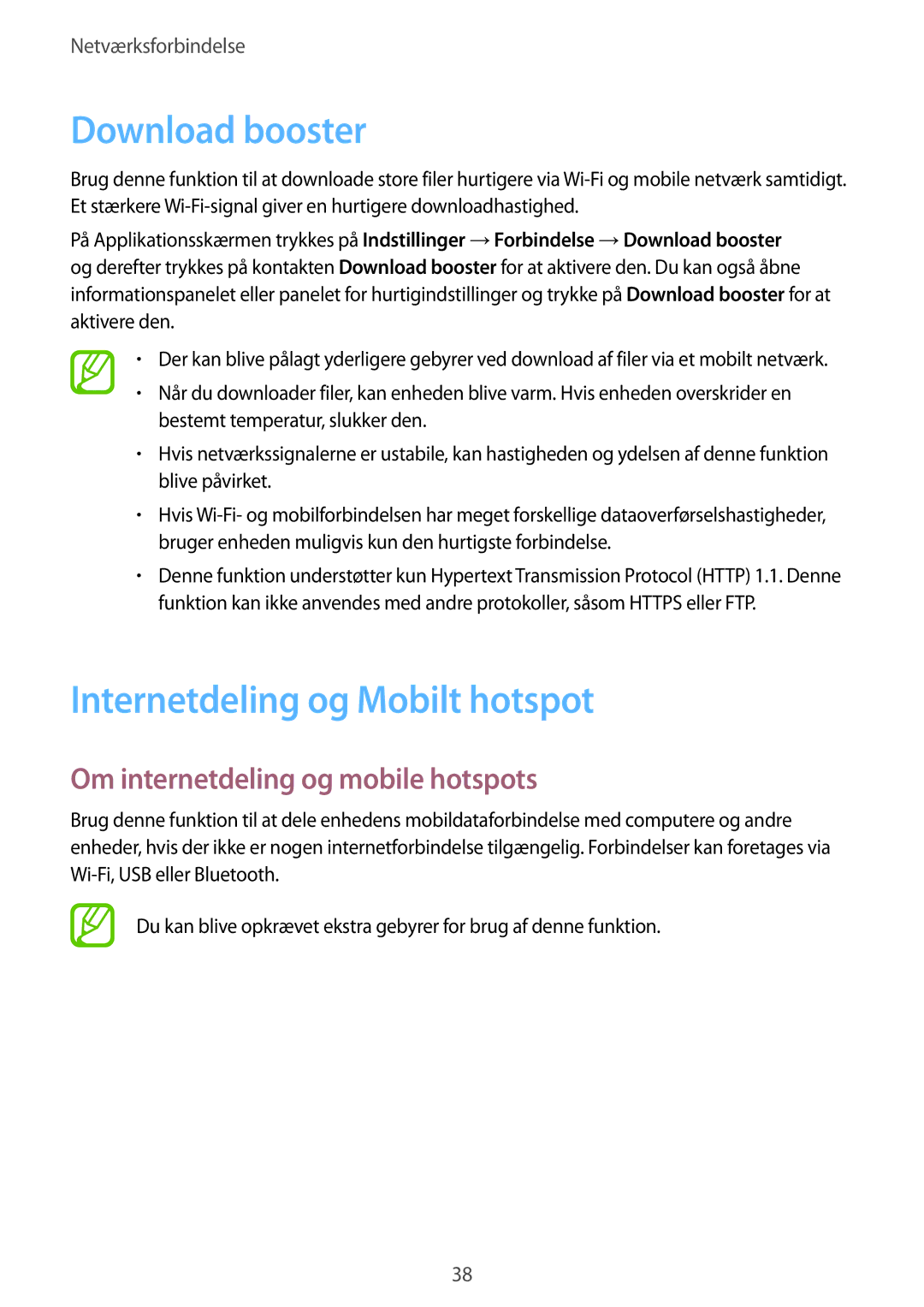 Samsung SM-T805NZWANEE manual Download booster, Internetdeling og Mobilt hotspot, Om internetdeling og mobile hotspots 