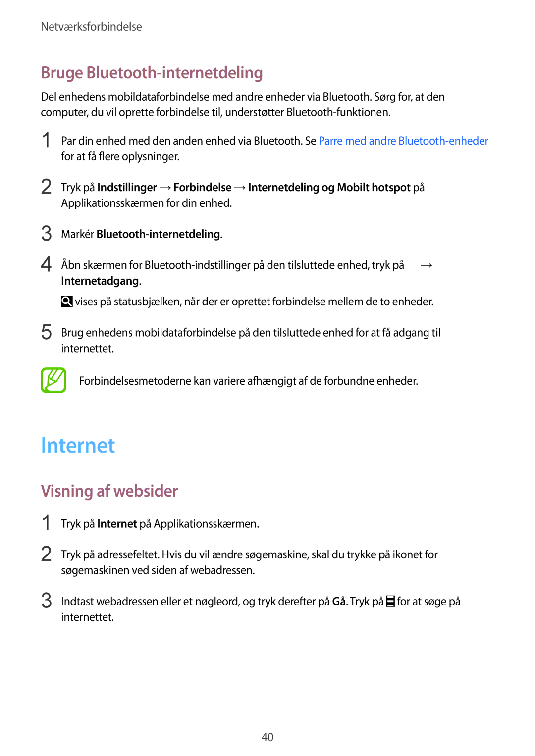 Samsung SM-T805NTSANEE, SM-T805NTSENEE, SM-T805NLSANEE manual Internet, Bruge Bluetooth-internetdeling, Visning af websider 