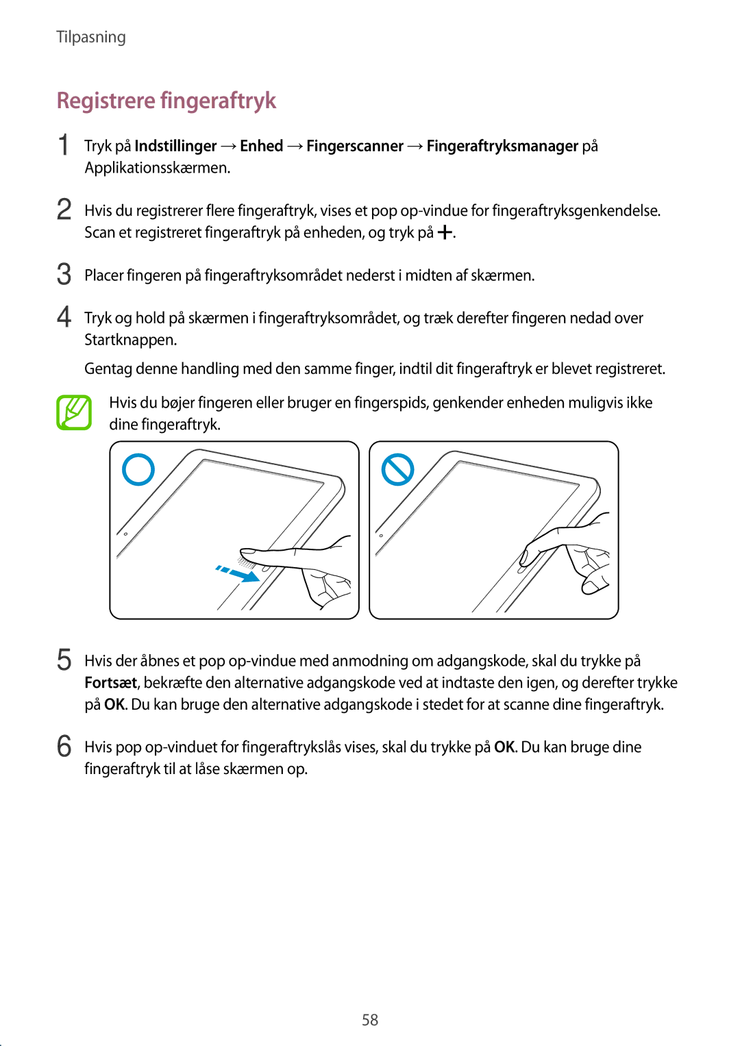 Samsung SM-T805NZWANEE, SM-T805NTSANEE, SM-T805NTSENEE, SM-T805NLSANEE manual Registrere fingeraftryk, Applikationsskærmen 