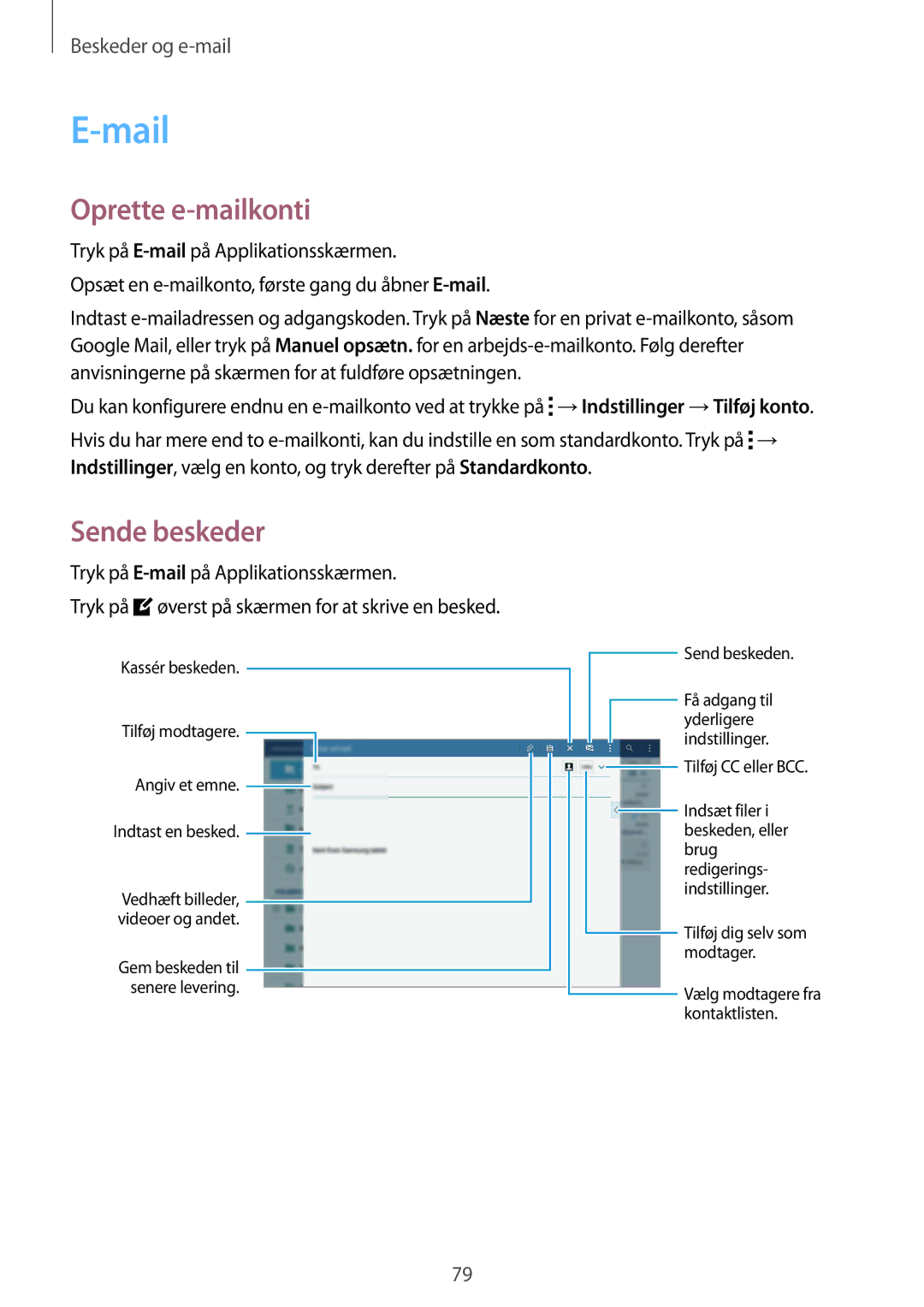 Samsung SM-T805NHAANEE, SM-T805NTSANEE, SM-T805NTSENEE manual Mail, Oprette e-mailkonti, Tryk på E-mailpå Applikationsskærmen 