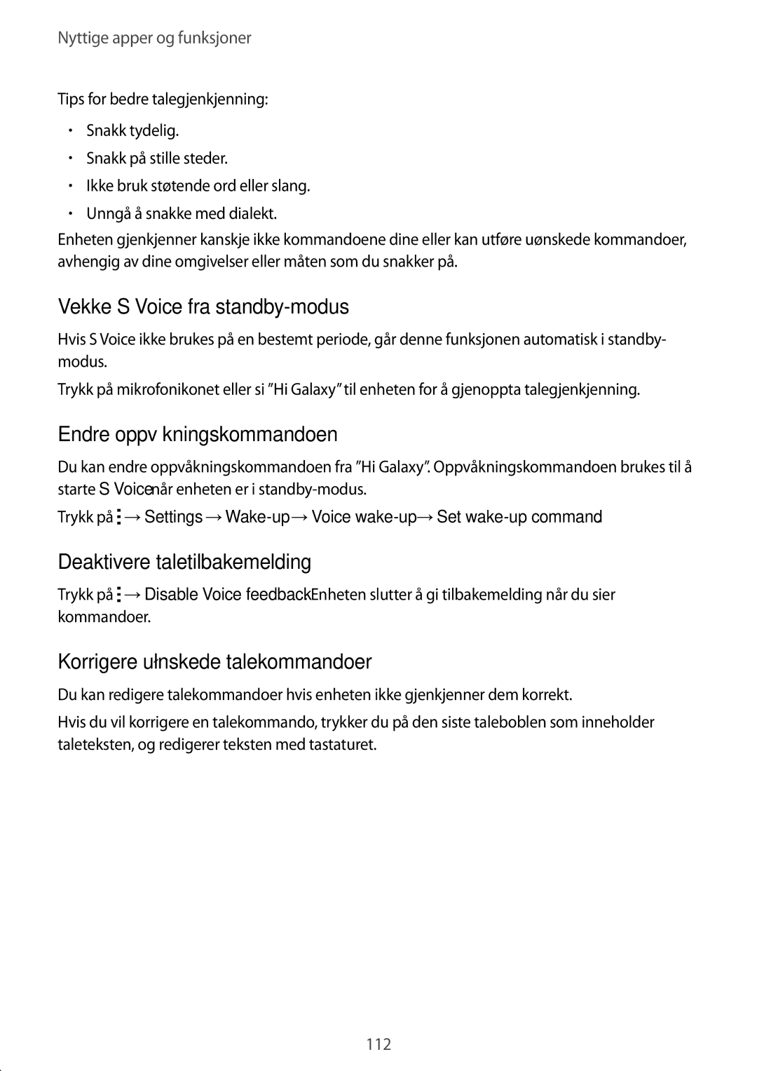 Samsung SM-T805NLSANEE manual Vekke S Voice fra standby-modus, Endre oppvåkningskommandoen, Deaktivere taletilbakemelding 