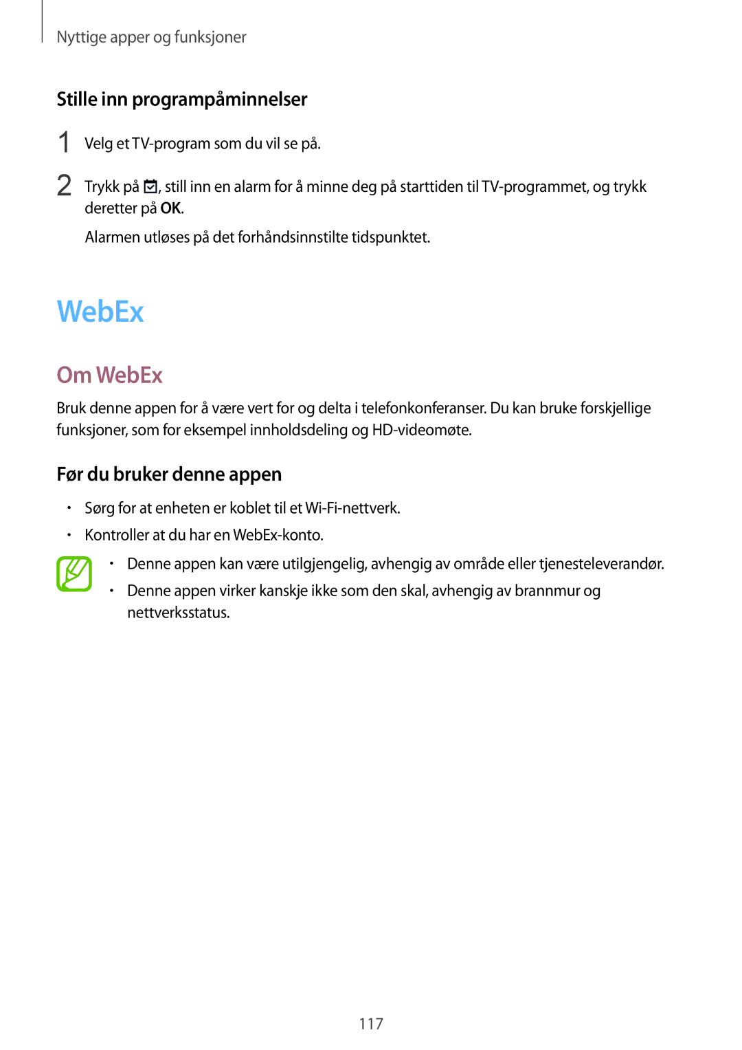 Samsung SM-T805NLSANEE, SM-T805NTSANEE manual Om WebEx, Stille inn programpåminnelser, Før du bruker denne appen 