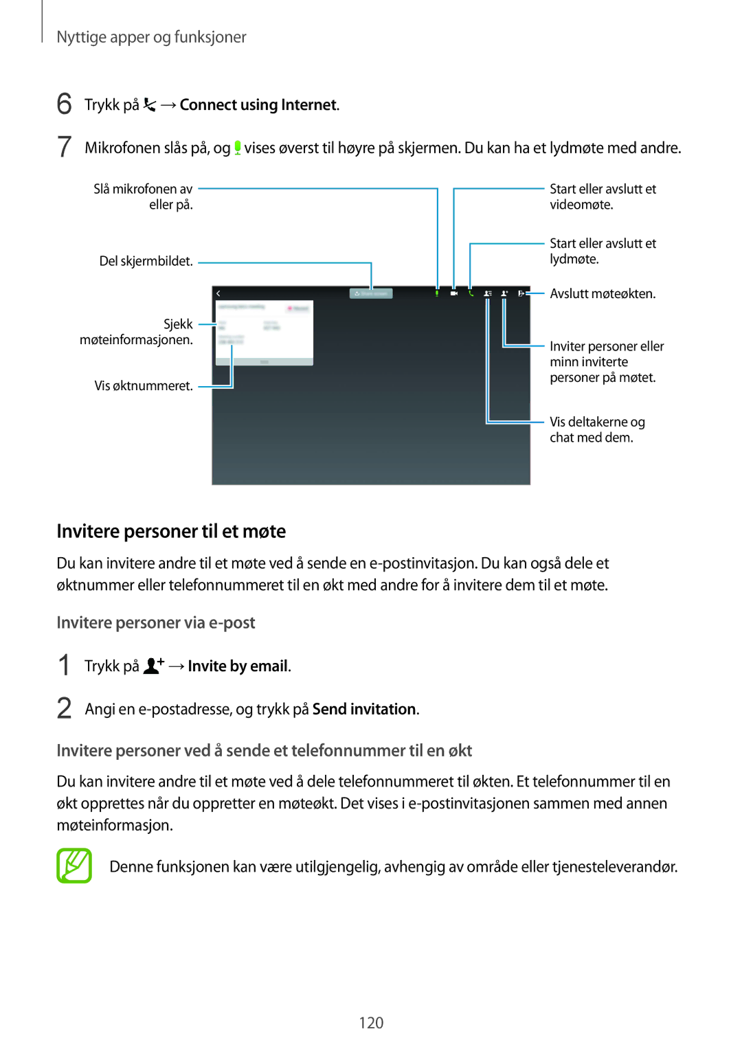 Samsung SM-T805NTSANEE manual Invitere personer til et møte, Trykk på →Connect using Internet, Trykk på →Invite by email 