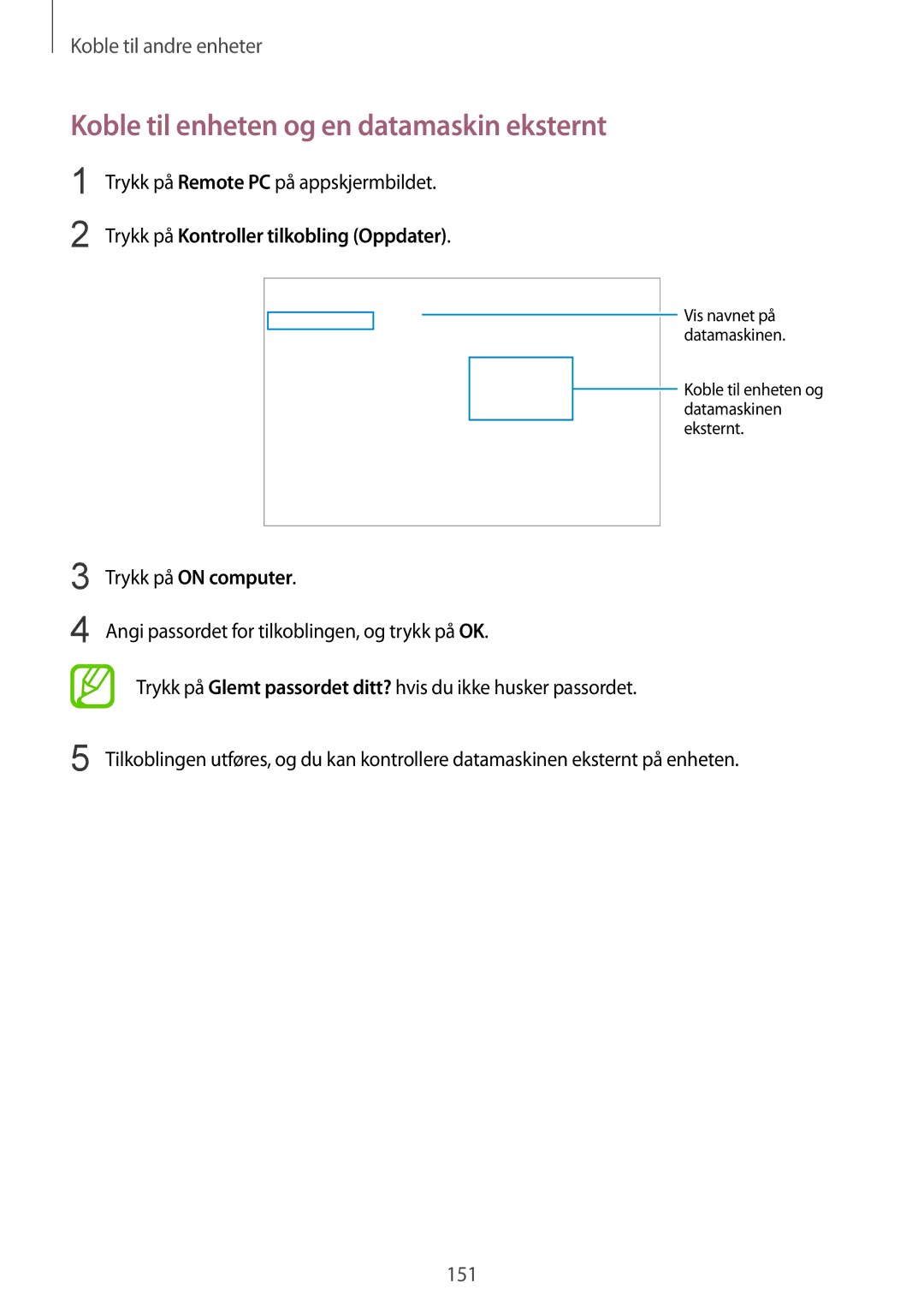 Samsung SM-T805NTSENEE, SM-T805NTSANEE Koble til enheten og en datamaskin eksternt, Trykk på Remote PC på appskjermbildet 