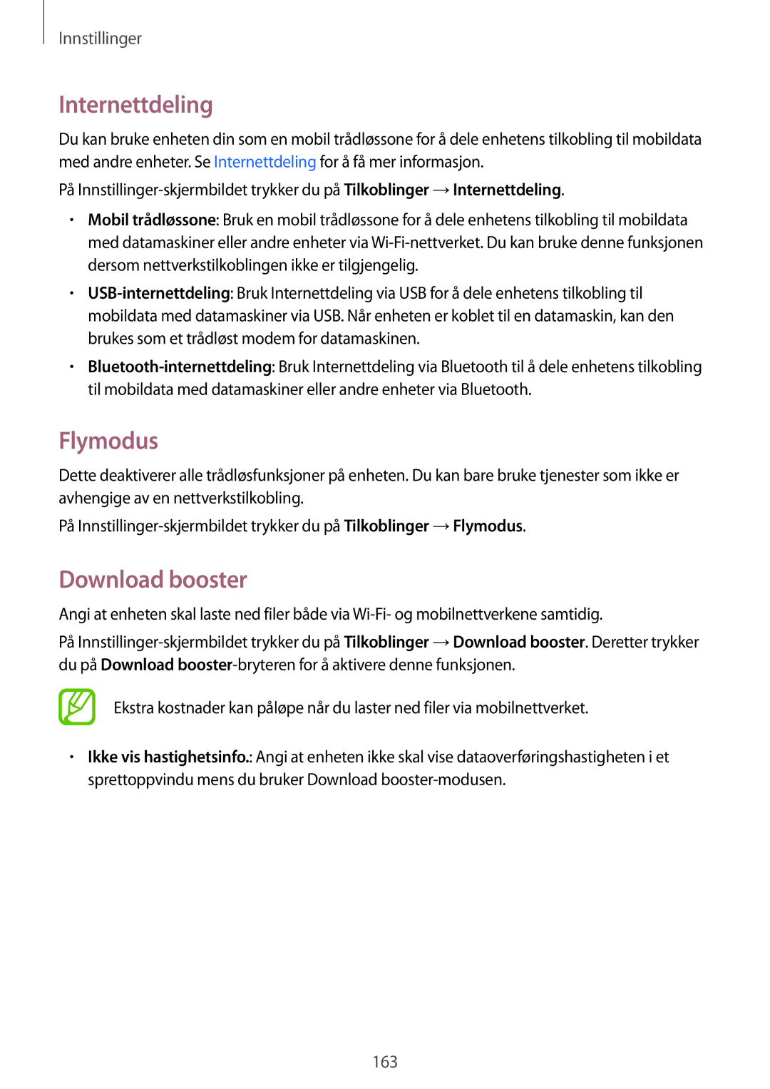 Samsung SM-T805NZWANEE, SM-T805NTSANEE, SM-T805NTSENEE, SM-T805NLSANEE manual Internettdeling, Flymodus, Download booster 