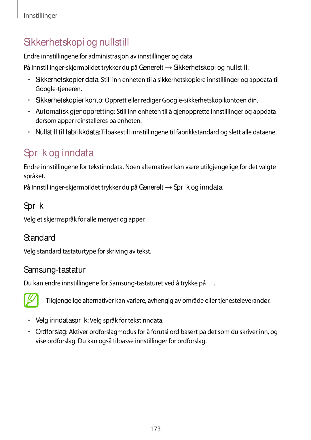 Samsung SM-T805NZWANEE, SM-T805NTSANEE manual Sikkerhetskopi og nullstill, Språk og inndata, Standard, Samsung-tastatur 