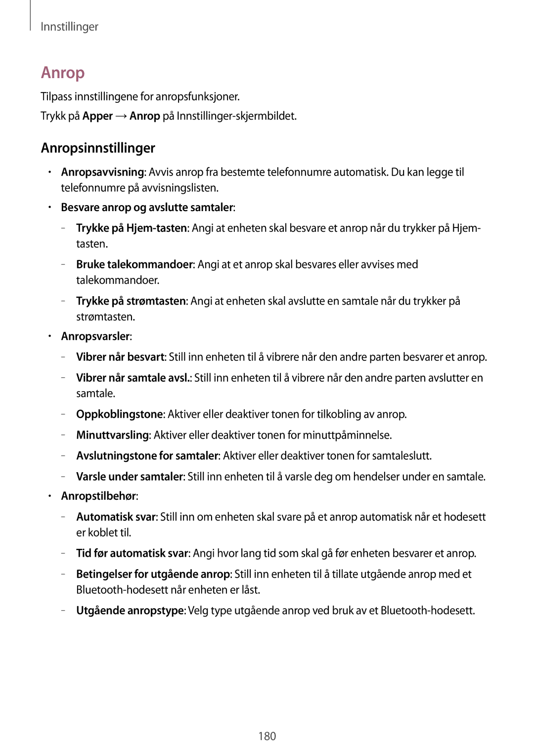 Samsung SM-T805NTSANEE manual Anropsinnstillinger, Besvare anrop og avslutte samtaler, Anropsvarsler, Anropstilbehør 