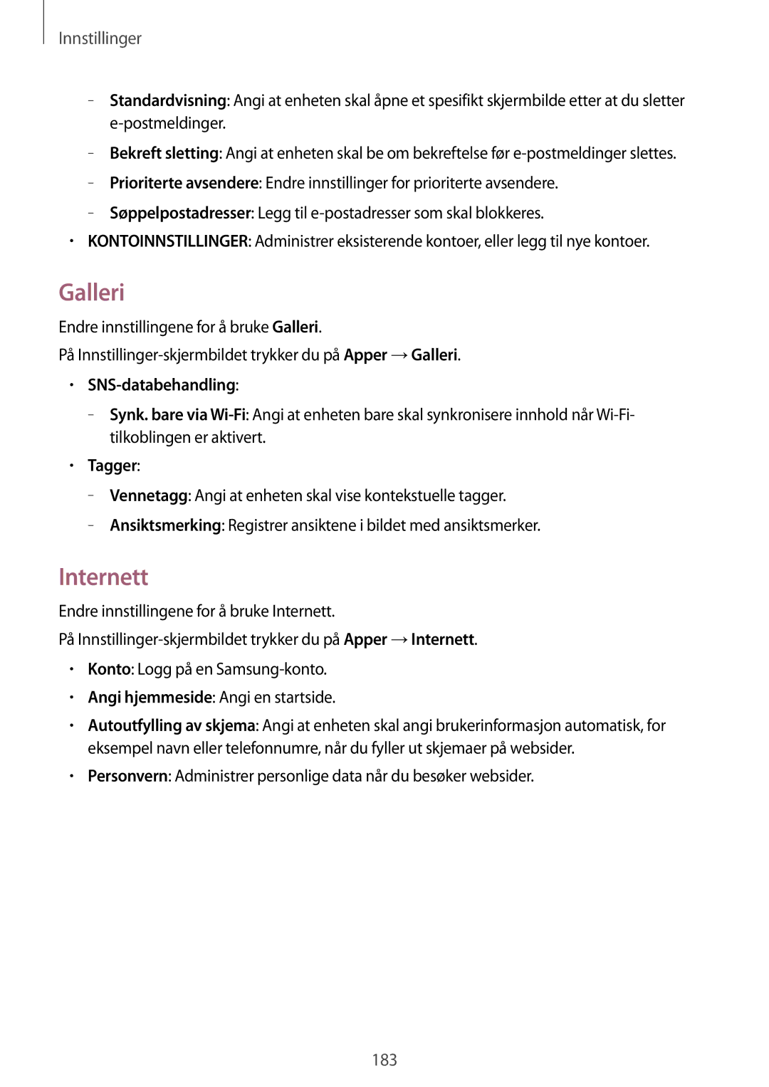 Samsung SM-T805NZWANEE, SM-T805NTSANEE, SM-T805NTSENEE, SM-T805NLSANEE manual Galleri, Internett, SNS-databehandling, Tagger 