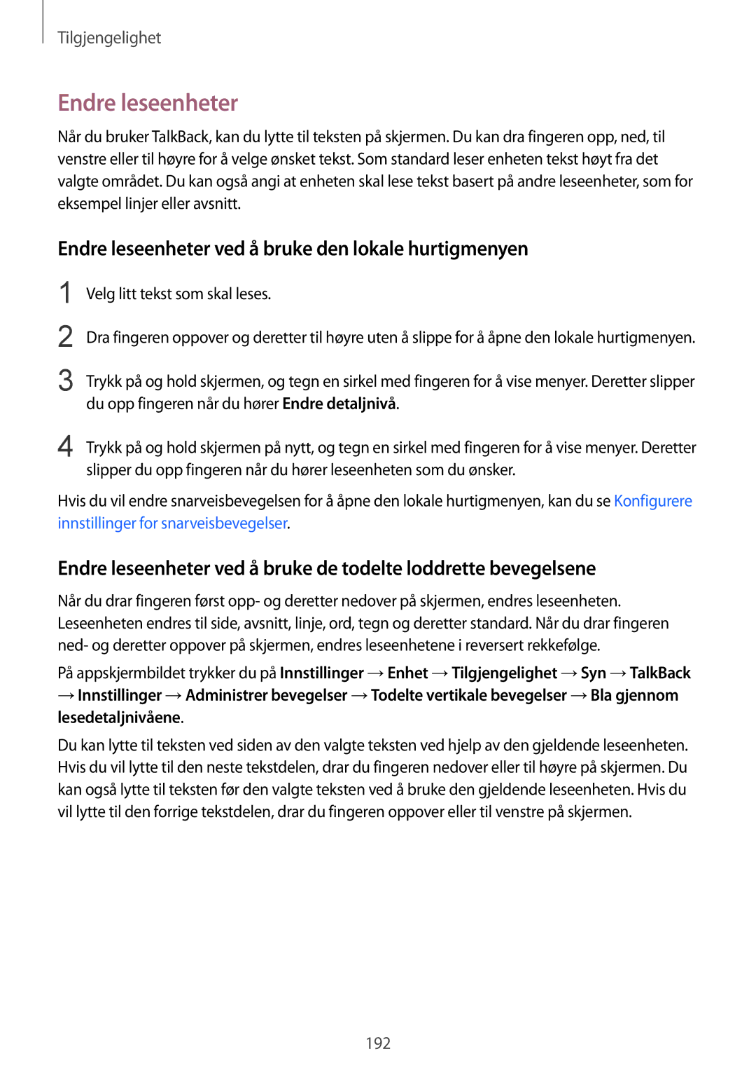 Samsung SM-T805NLSANEE manual Endre leseenheter ved å bruke den lokale hurtigmenyen, Velg litt tekst som skal leses 