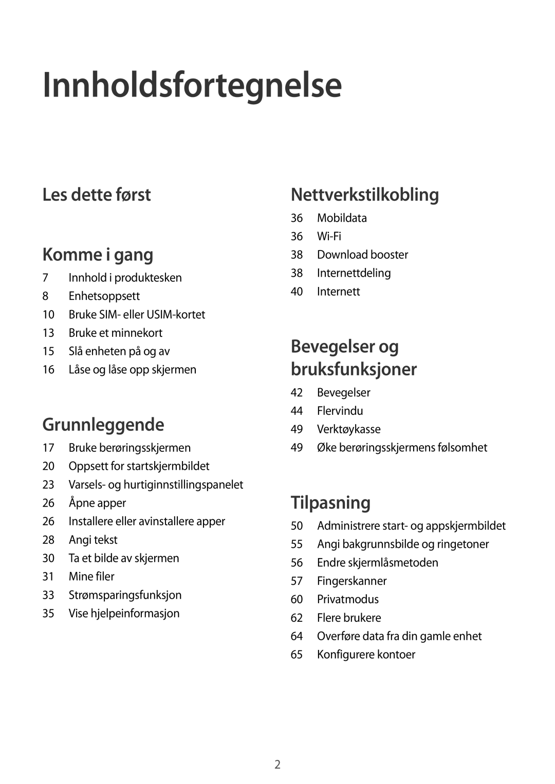 Samsung SM-T805NLSANEE, SM-T805NTSANEE manual Innholdsfortegnelse, Mobildata Wi-Fi Download booster Internettdeling 