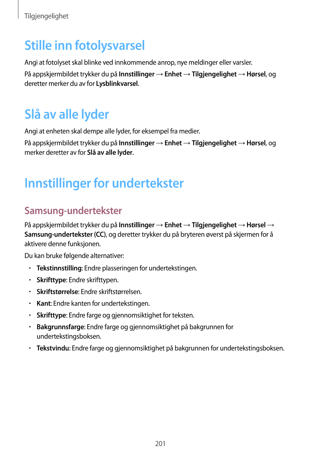 Samsung SM-T805NTSENEE Stille inn fotolysvarsel, Slå av alle lyder, Innstillinger for undertekster, Samsung-undertekster 