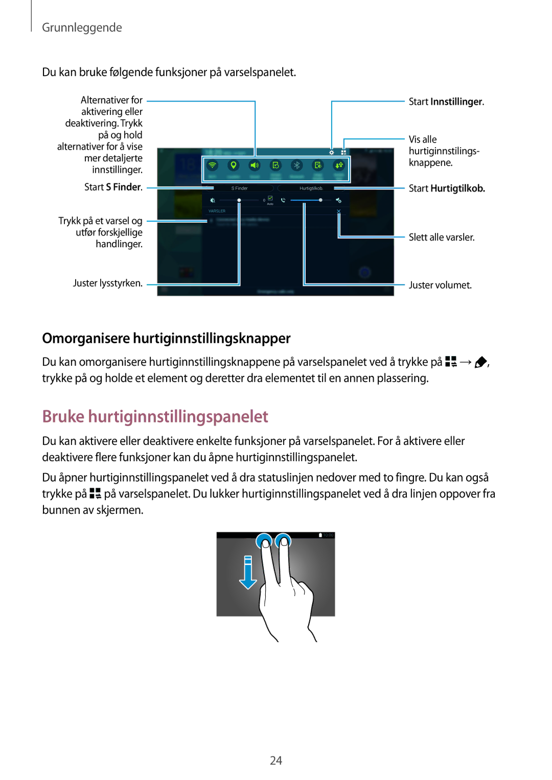 Samsung SM-T805NHAANEE, SM-T805NTSANEE manual Bruke hurtiginnstillingspanelet, Omorganisere hurtiginnstillingsknapper 