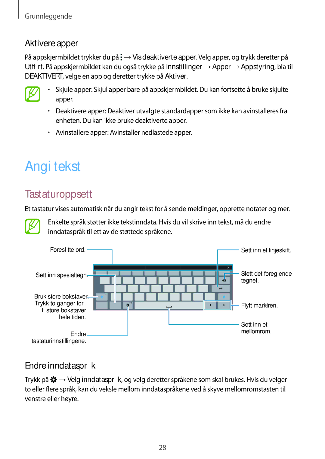 Samsung SM-T805NZWANEE, SM-T805NTSANEE, SM-T805NTSENEE manual Angi tekst, Tastaturoppsett, Aktivere apper, Endre inndataspråk 