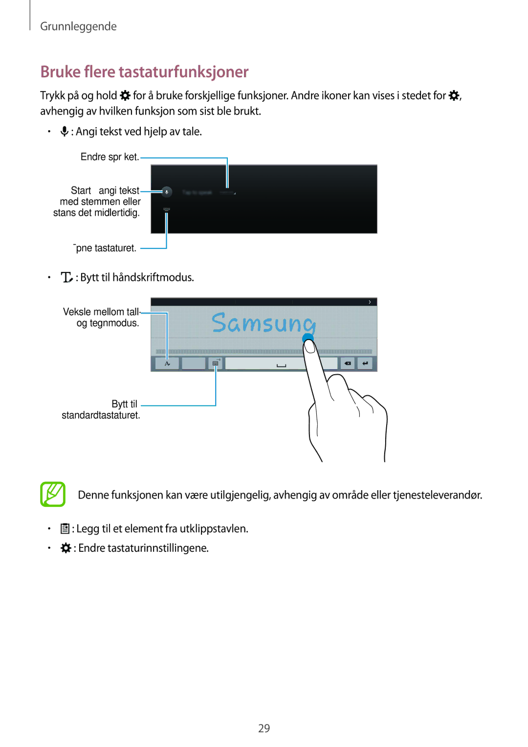 Samsung SM-T805NHAANEE, SM-T805NTSANEE, SM-T805NTSENEE manual Bruke flere tastaturfunksjoner, Bytt til håndskriftmodus 