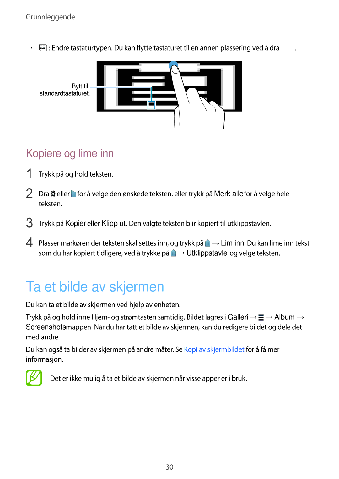 Samsung SM-T805NTSANEE, SM-T805NTSENEE, SM-T805NLSANEE, SM-T805NZWANEE manual Ta et bilde av skjermen, Kopiere og lime inn 