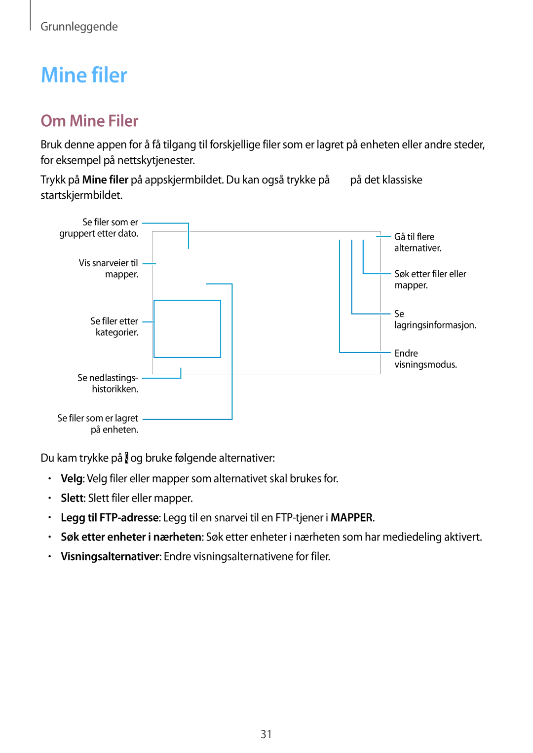 Samsung SM-T805NTSENEE manual Mine filer, Om Mine Filer, Visningsalternativer Endre visningsalternativene for filer 