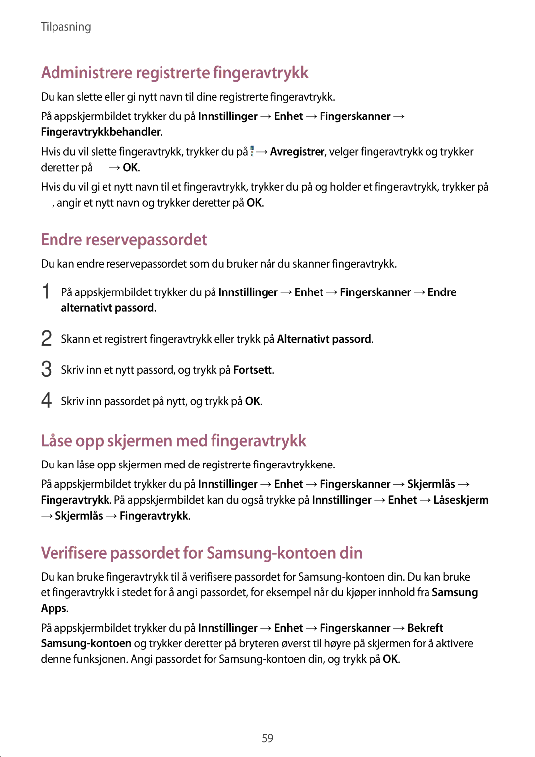 Samsung SM-T805NHAANEE Administrere registrerte fingeravtrykk, Endre reservepassordet, Låse opp skjermen med fingeravtrykk 