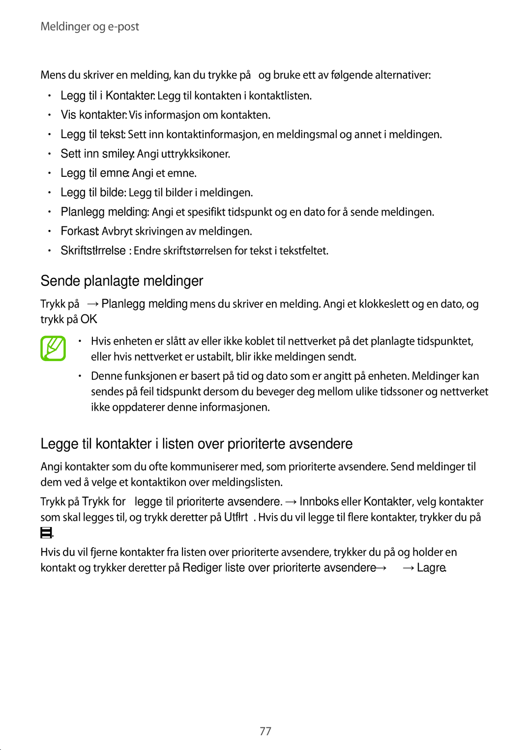 Samsung SM-T805NLSANEE, SM-T805NTSANEE Sende planlagte meldinger, Legge til kontakter i listen over prioriterte avsendere 
