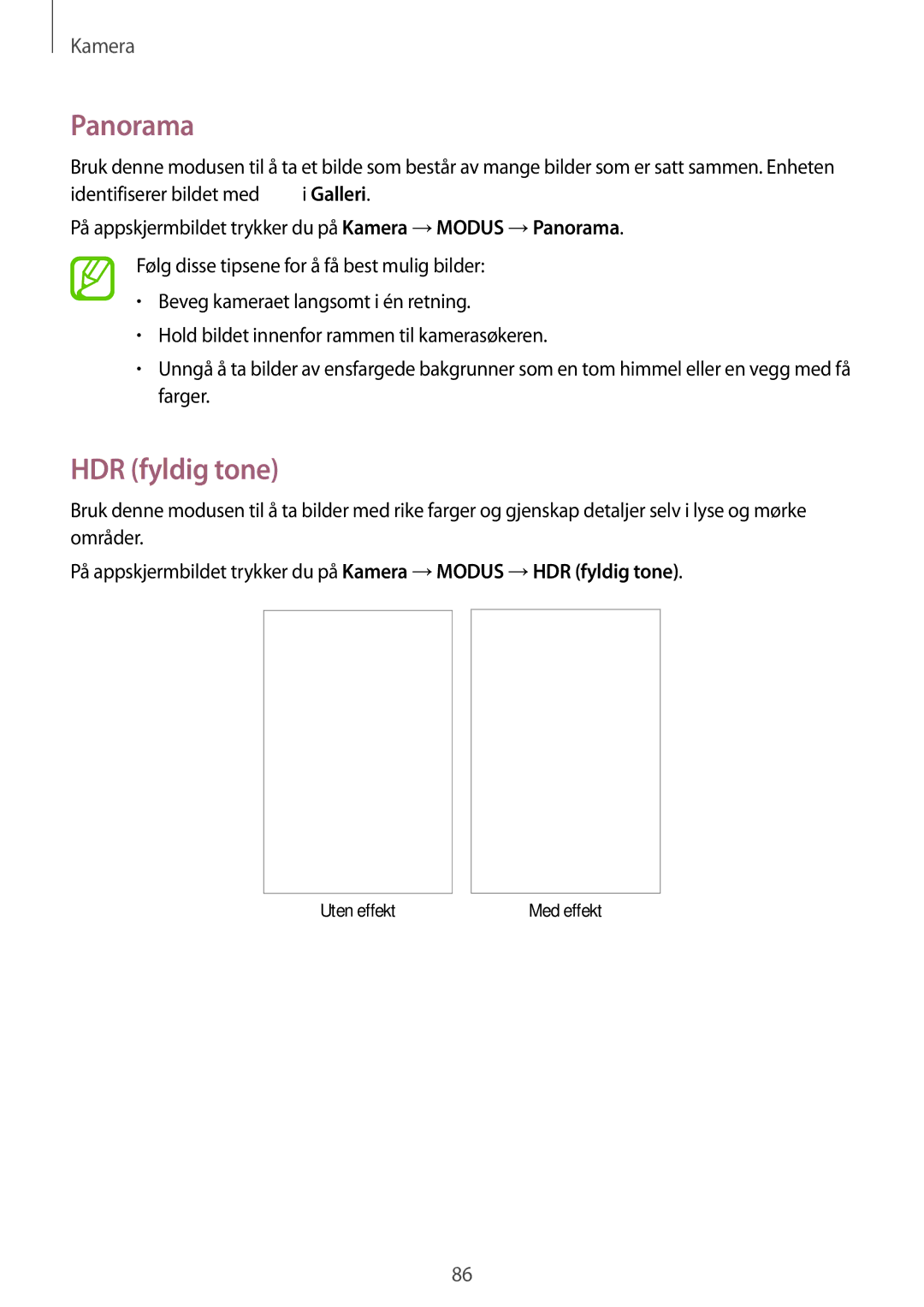 Samsung SM-T805NTSENEE, SM-T805NTSANEE, SM-T805NLSANEE manual Panorama, HDR fyldig tone, Identifiserer bildet med i Galleri 