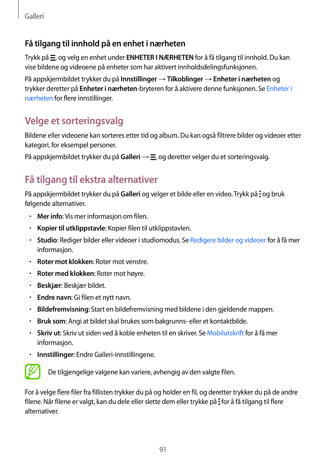 Samsung SM-T805NTSENEE, SM-T805NTSANEE, SM-T805NLSANEE manual Velge et sorteringsvalg, Få tilgang til ekstra alternativer 