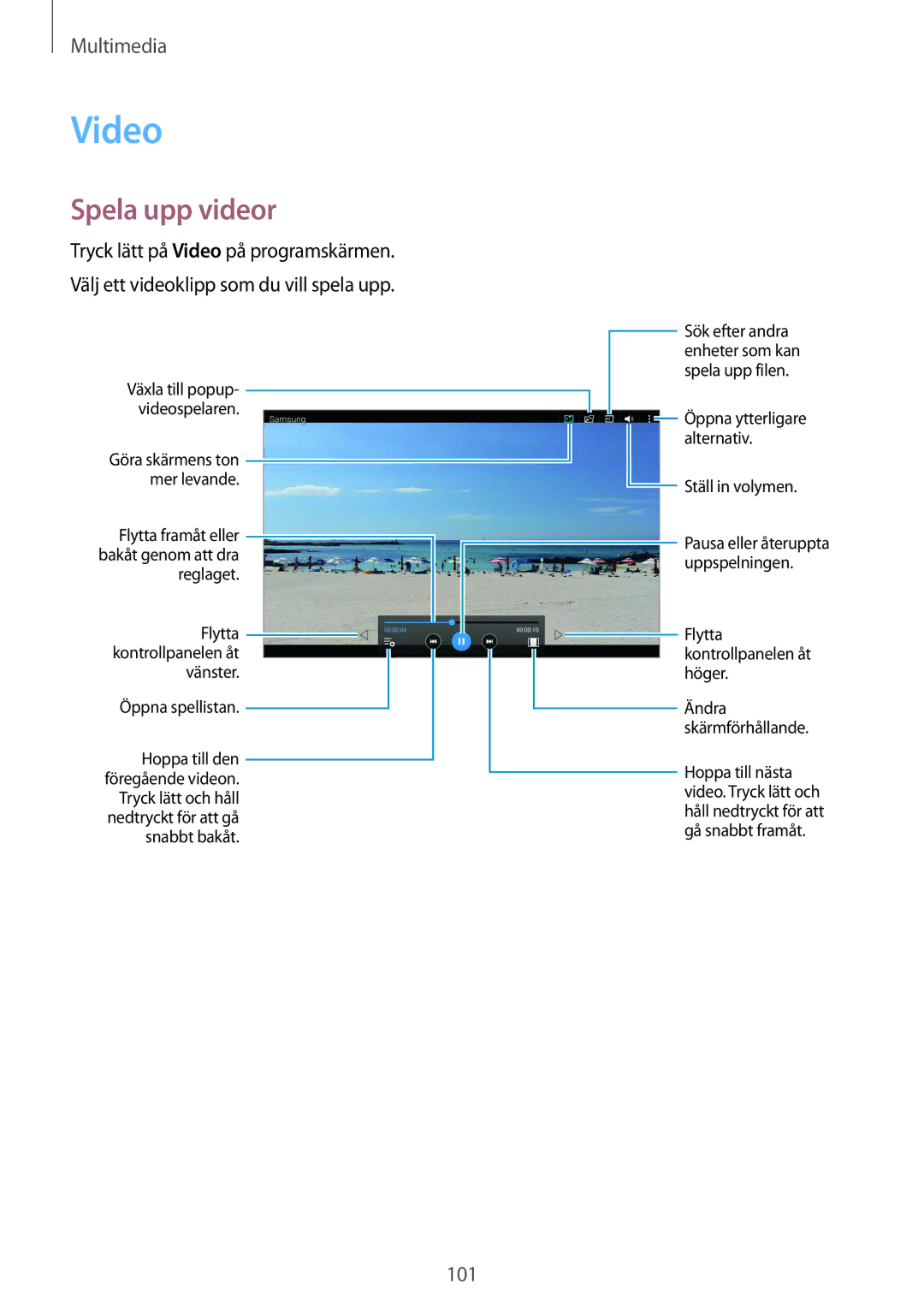 Samsung SM-T805NTSENEE, SM-T805NTSANEE, SM-T805NLSANEE, SM-T805NZWANEE, SM-T805NHAANEE manual Video, Spela upp videor 