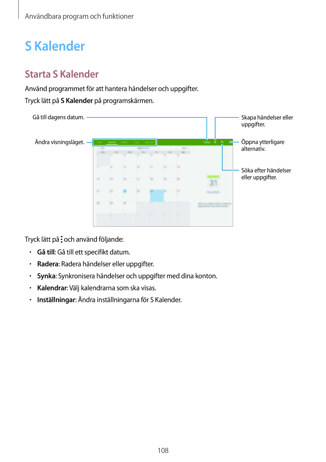 Samsung SM-T805NZWANEE, SM-T805NTSANEE, SM-T805NTSENEE, SM-T805NLSANEE, SM-T805NHAANEE manual Starta S Kalender 