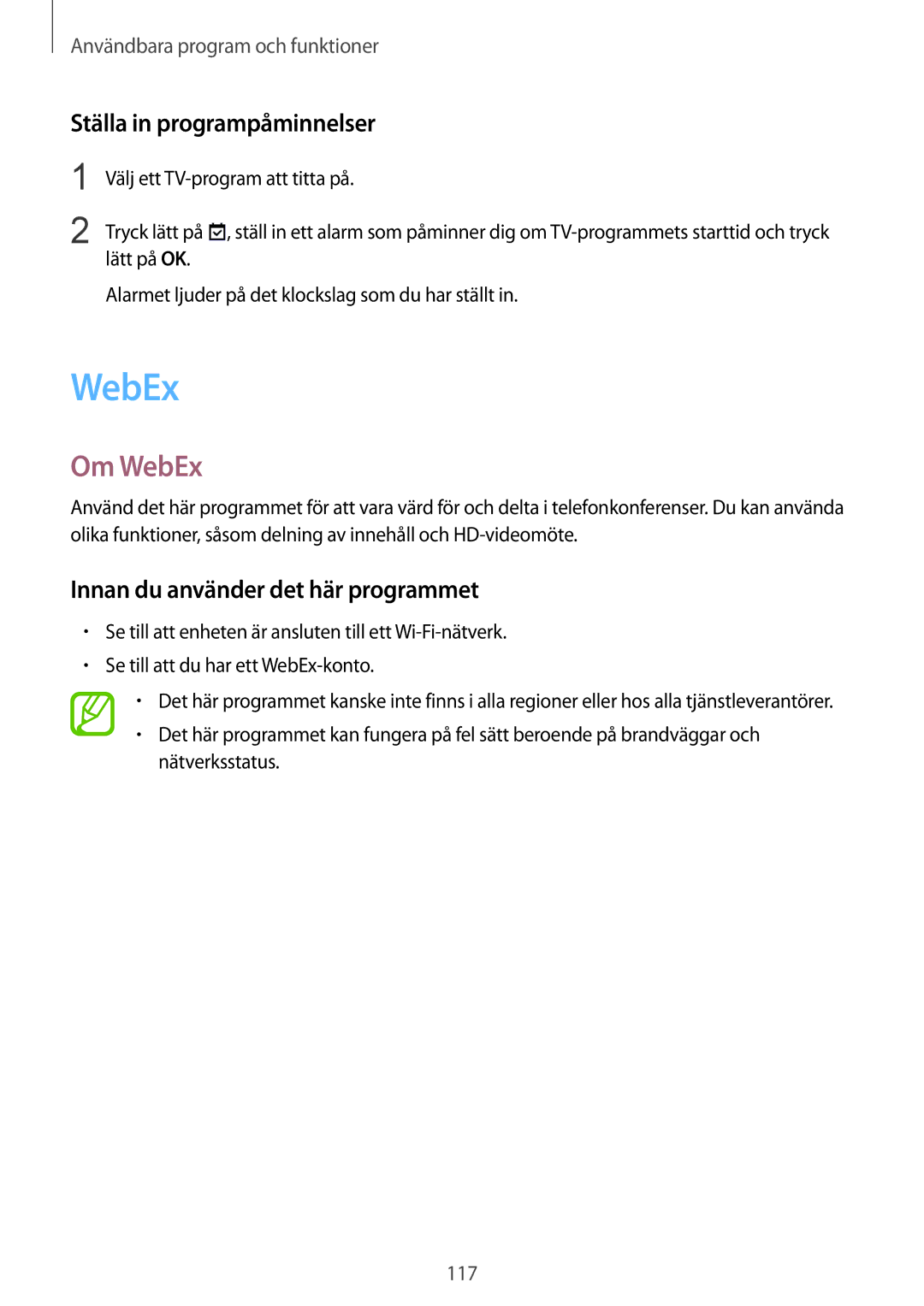 Samsung SM-T805NLSANEE, SM-T805NTSANEE Om WebEx, Ställa in programpåminnelser, Innan du använder det här programmet 