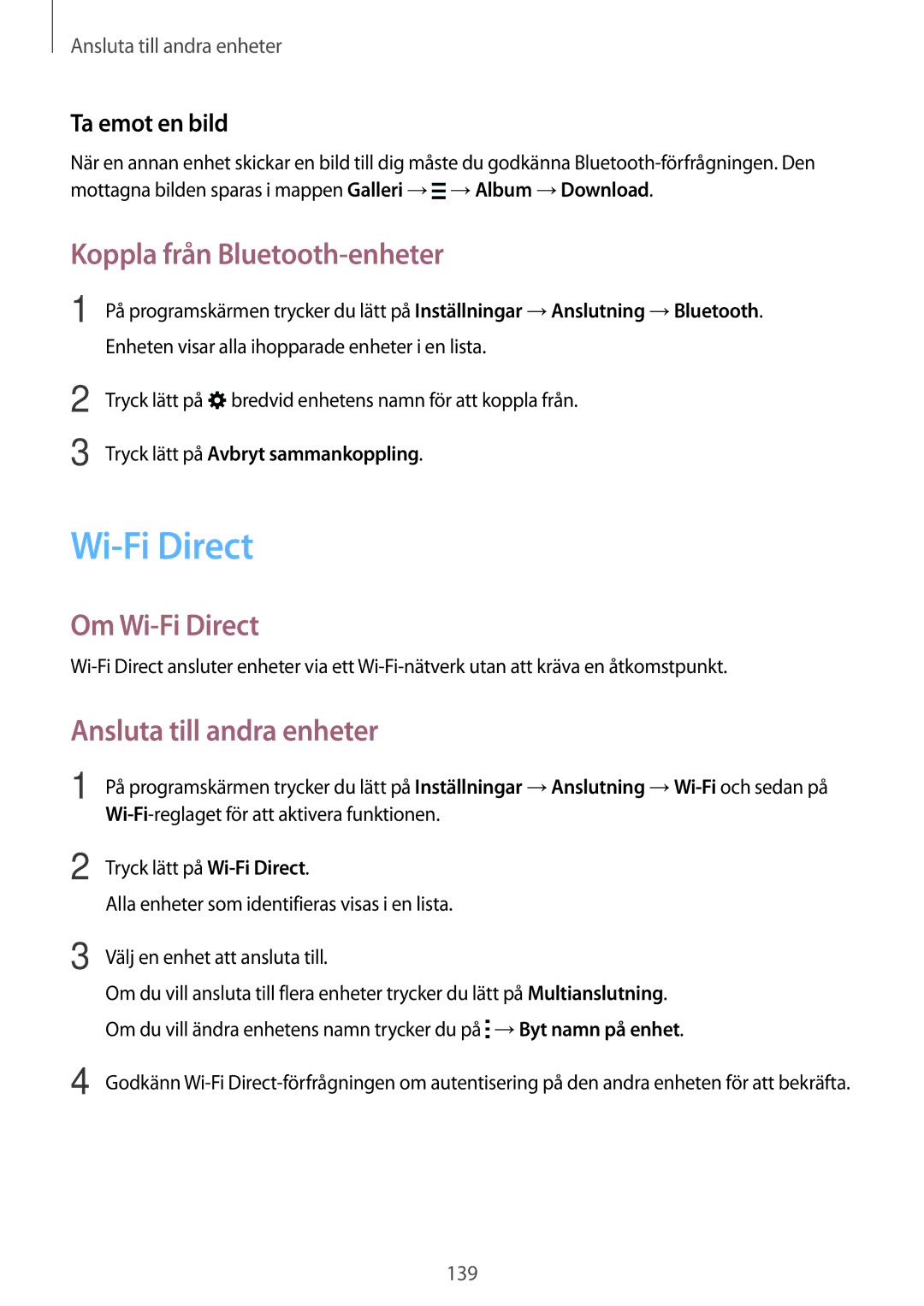 Samsung SM-T805NHAANEE Koppla från Bluetooth-enheter, Om Wi-Fi Direct, Ansluta till andra enheter, Ta emot en bild 