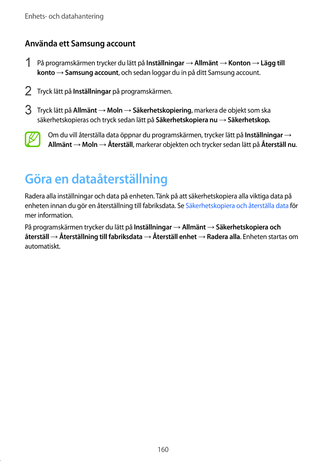 Samsung SM-T805NTSANEE, SM-T805NTSENEE, SM-T805NLSANEE manual Göra en dataåterställning, Använda ett Samsung account 