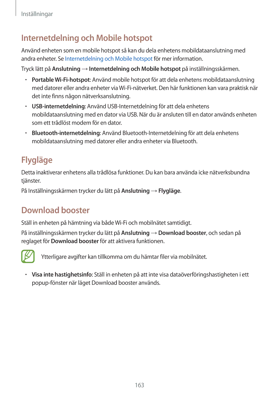 Samsung SM-T805NZWANEE, SM-T805NTSANEE, SM-T805NTSENEE manual Internetdelning och Mobile hotspot, Flygläge, Download booster 