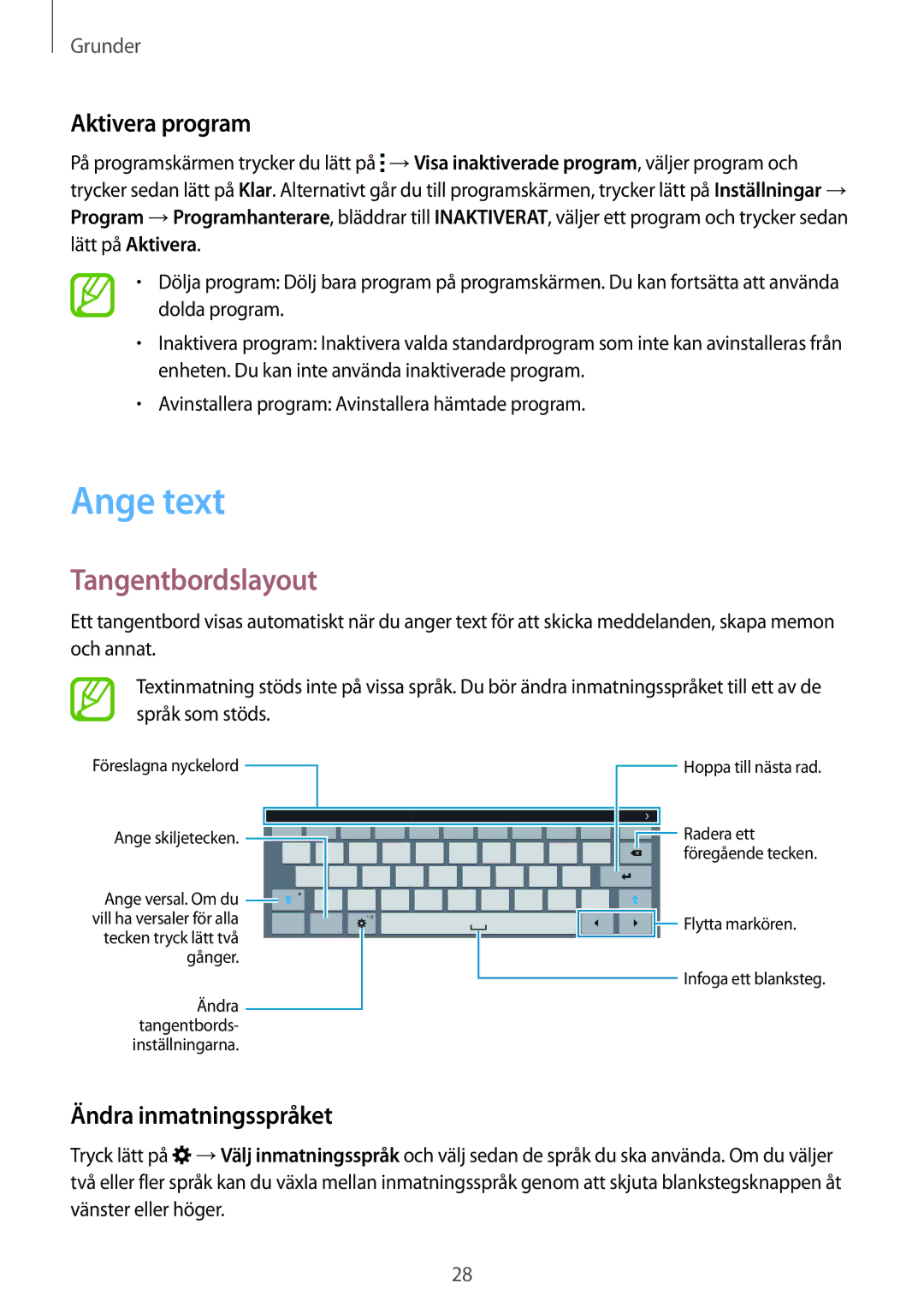 Samsung SM-T805NZWANEE, SM-T805NTSANEE manual Ange text, Tangentbordslayout, Aktivera program, Ändra inmatningsspråket 