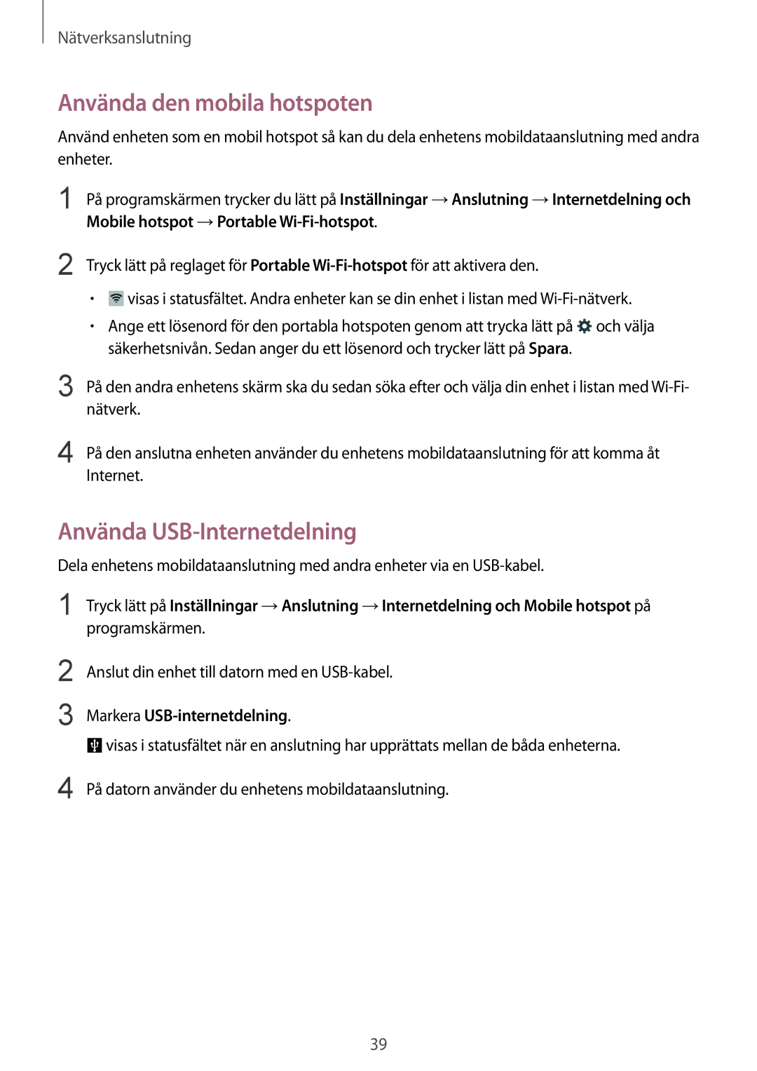 Samsung SM-T805NHAANEE manual Använda den mobila hotspoten, Använda USB-Internetdelning, Markera USB-internetdelning 